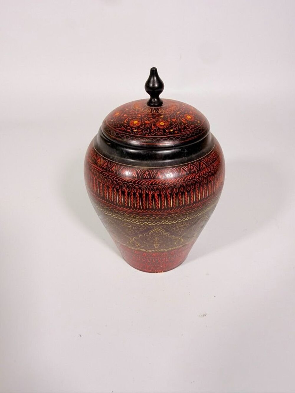 Jar Urn Canister Hand Carved Wooden Lacquer Pakistan Naqashi Turkish Handcrafted - Picture 2 of 16